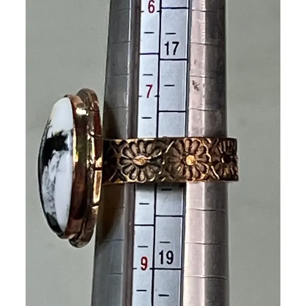 White Buffalo Turquoise Southwestern Copper Cigar Band Adjust Ring Hand Stamped